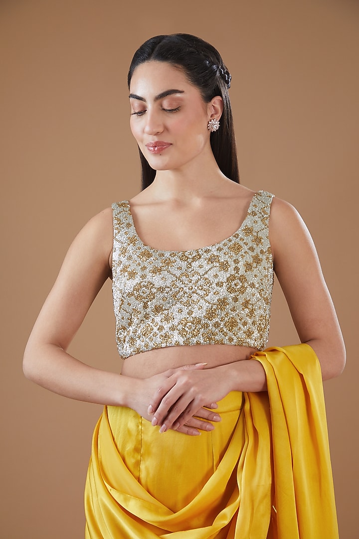 Mustard Satin & Organza Draped Reception Saree Set by Anand Kabra at Pernia's Pop Up Shop