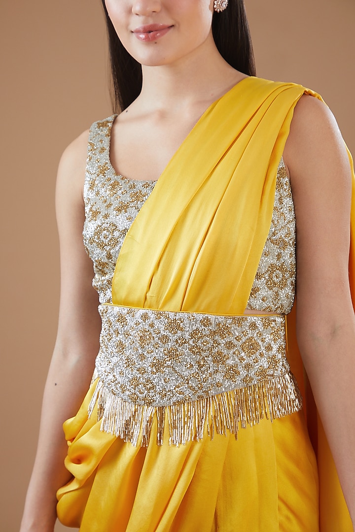 Mustard Satin & Organza Draped Reception Saree Set by Anand Kabra at Pernia's Pop Up Shop