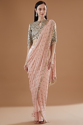 Peach Chiffon & Satin Embroidered Saree Set by Anand Kabra