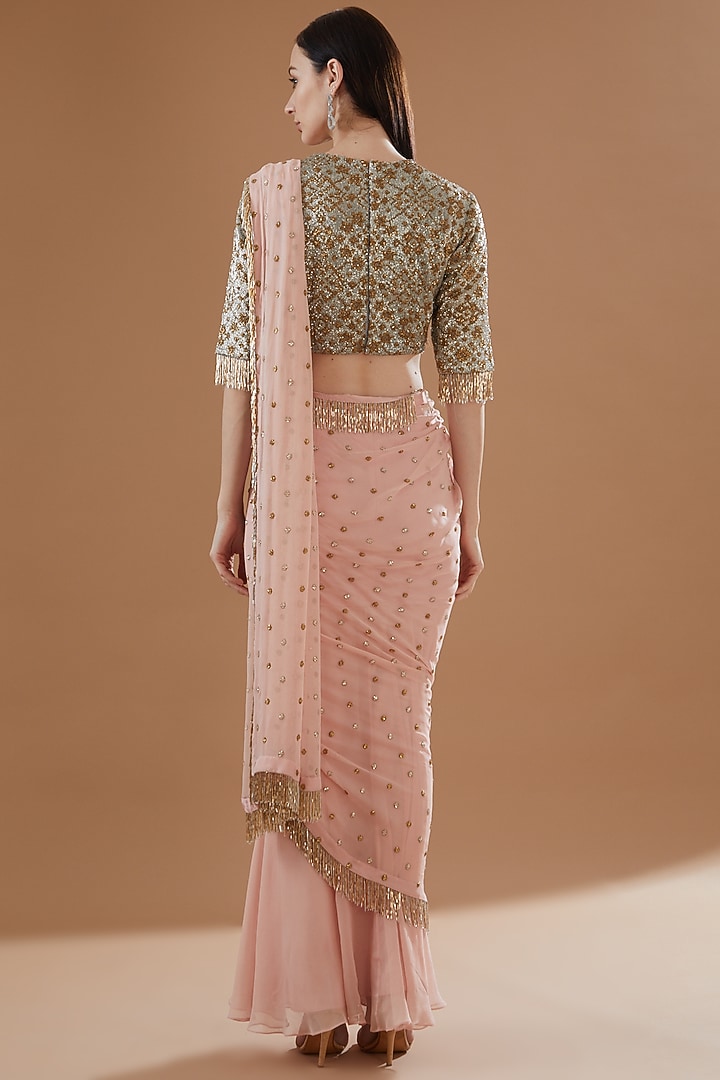 Peach Chiffon & Satin Embroidered Bridal Saree Set by Anand Kabra at Pernia's Pop Up Shop