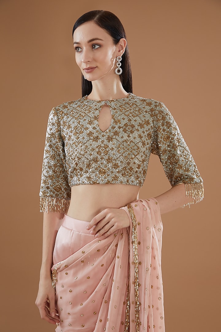 Peach Chiffon & Satin Embroidered Bridal Saree Set by Anand Kabra at Pernia's Pop Up Shop