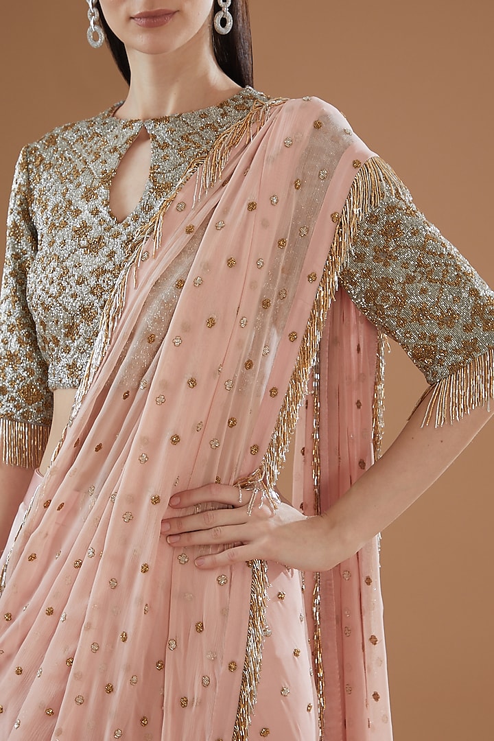Peach Chiffon & Satin Embroidered Bridal Saree Set by Anand Kabra at Pernia's Pop Up Shop