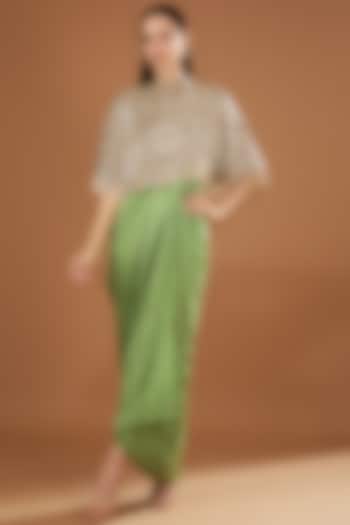 Green Satin Embroidered Jacket Dress by Anand Kabra