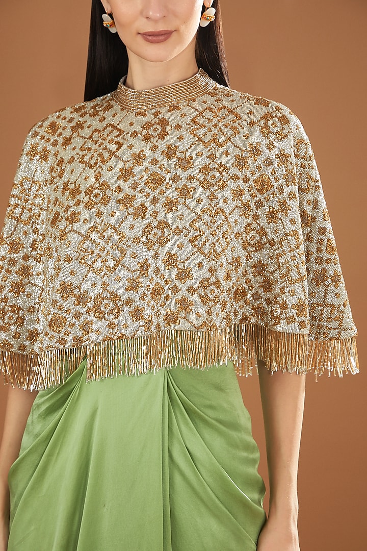 Green Satin Maxi Party Wear Dress With Embroidered Cape by Anand Kabra at Pernia's Pop Up Shop