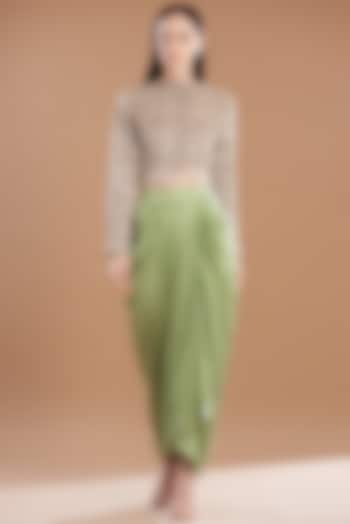 Green Satin Draped Skirt Set by Anand Kabra
