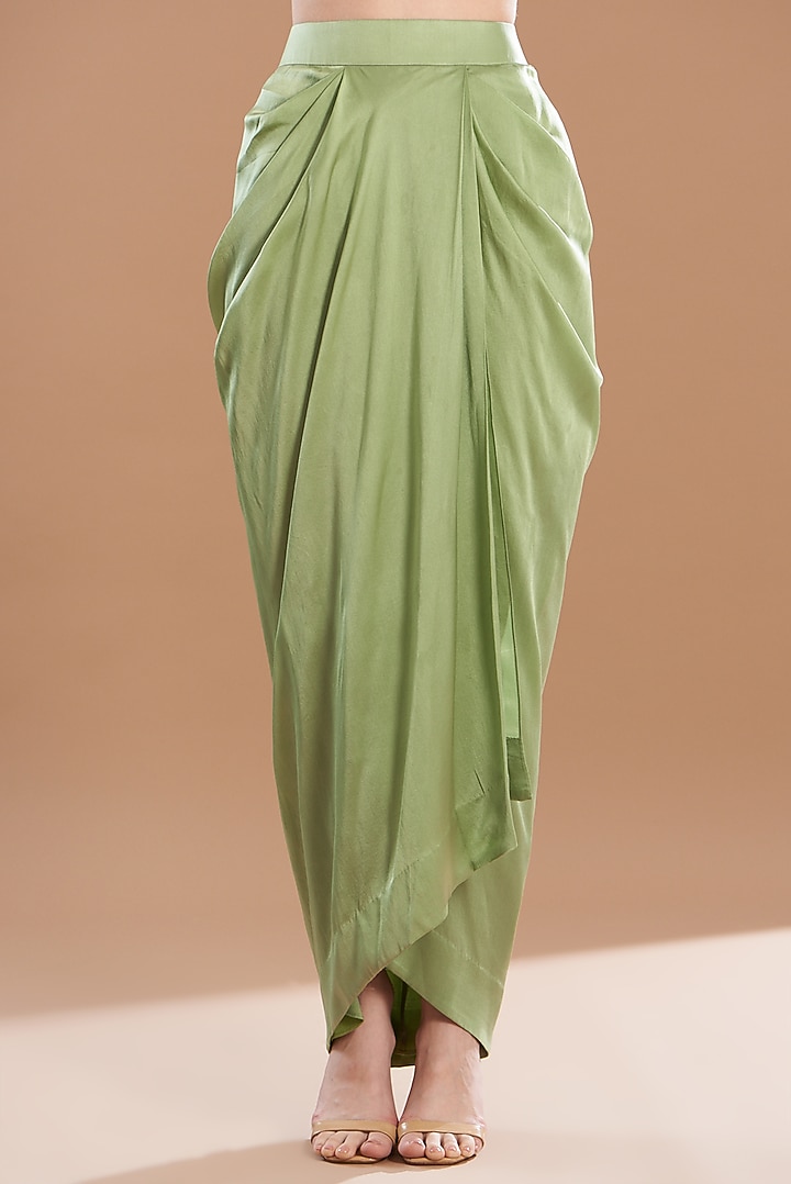 Green Satin Draped Skirt Set by Anand Kabra at Pernia's Pop Up Shop
