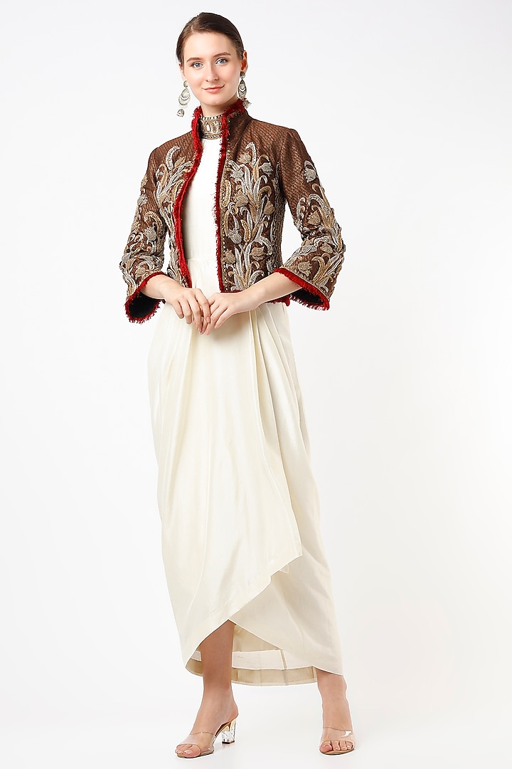 Brown & White Embroidered Jacket Dress by Anand Kabra