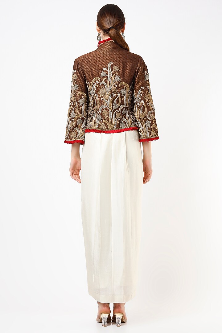 White Dupion Silk zardosi Embroidered Jacket Party Wear Dress by Anand Kabra at Pernia's Pop Up Shop