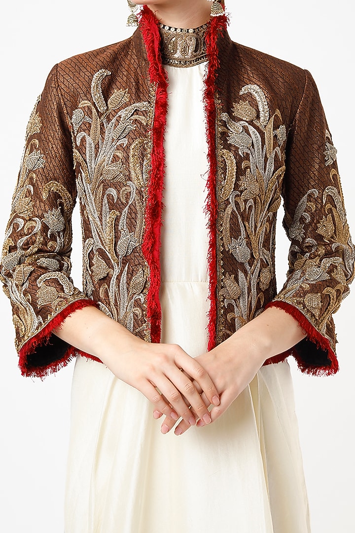 White Dupion Silk zardosi Embroidered Jacket Party Wear Dress by Anand Kabra at Pernia's Pop Up Shop