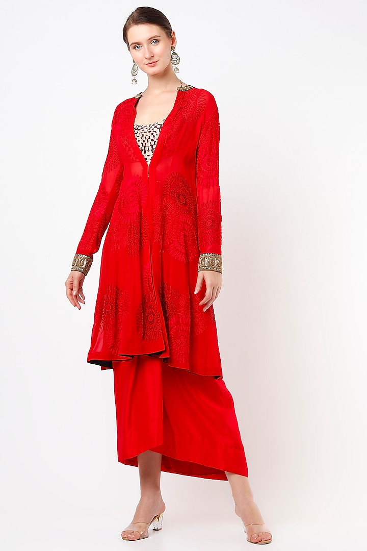 Red Embroidered Draped Skirt Set by Anand Kabra