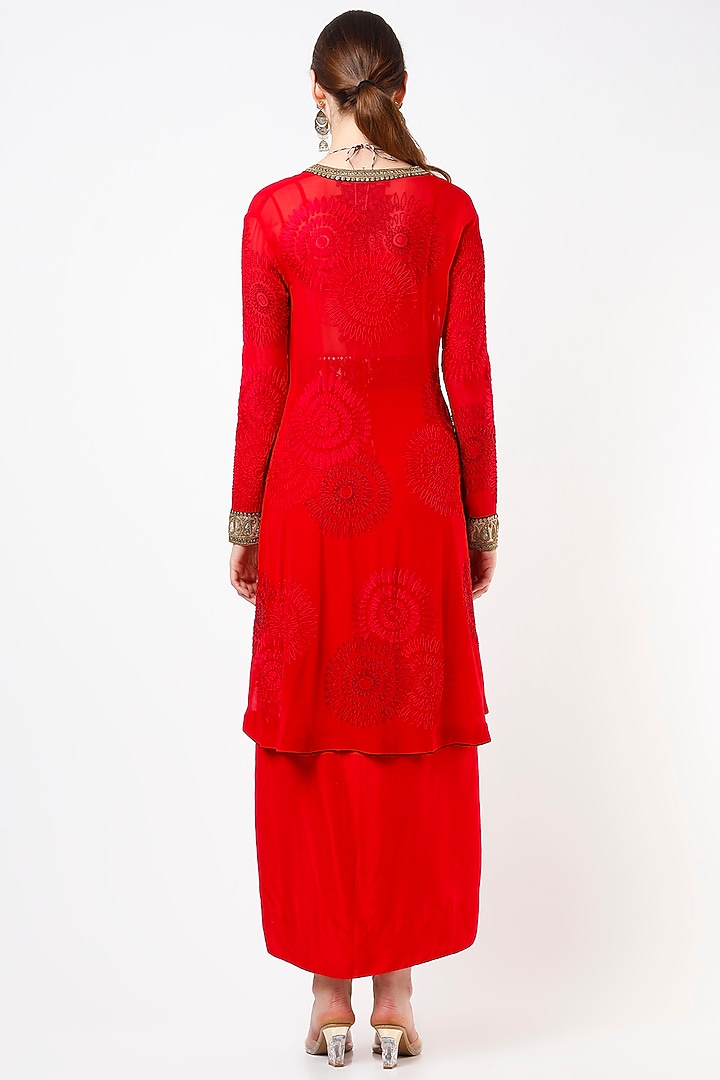 Red Embroidered Draped Skirt Set by Anand Kabra at Pernia's Pop Up Shop