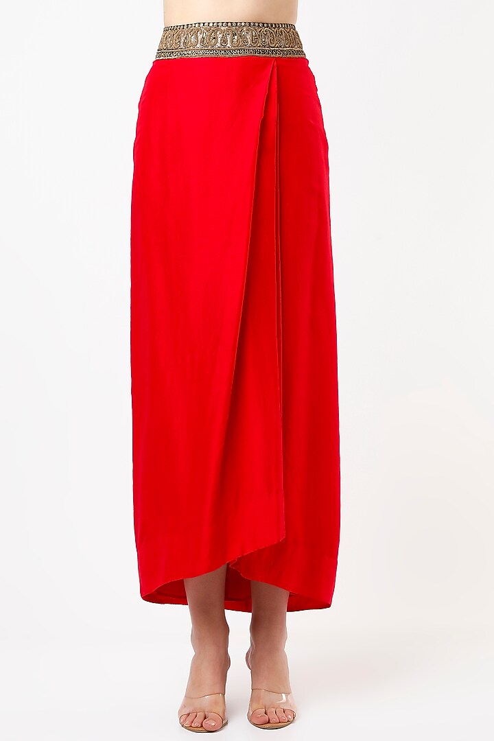 Red Embroidered Draped Skirt Set by Anand Kabra at Pernia's Pop Up Shop