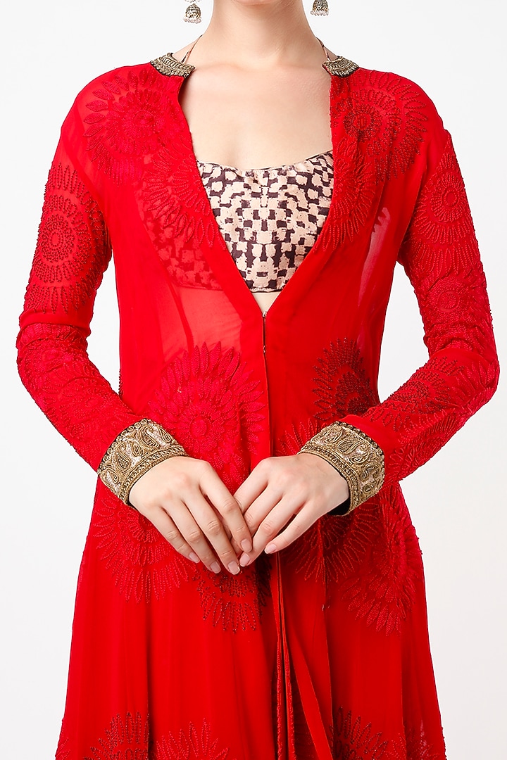 Red Embroidered Draped Skirt Set by Anand Kabra at Pernia's Pop Up Shop