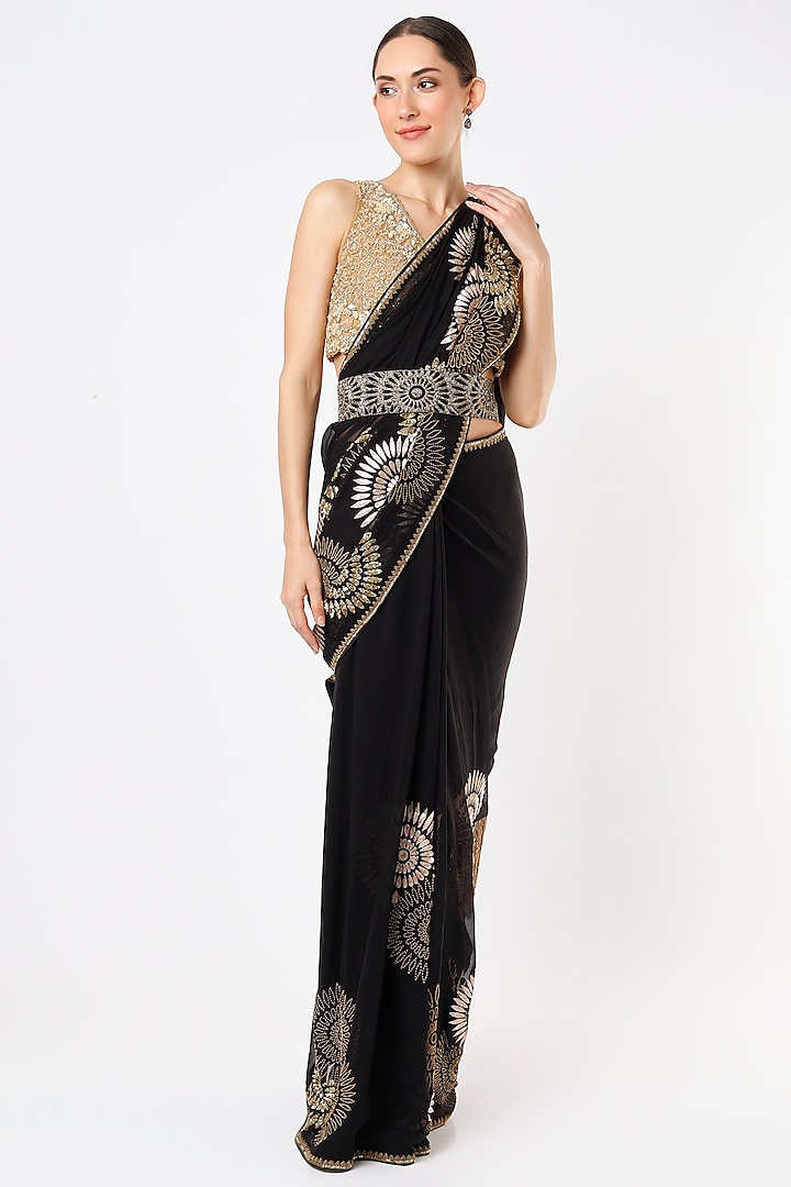Black Embroidered Saree Set by Anand Kabra