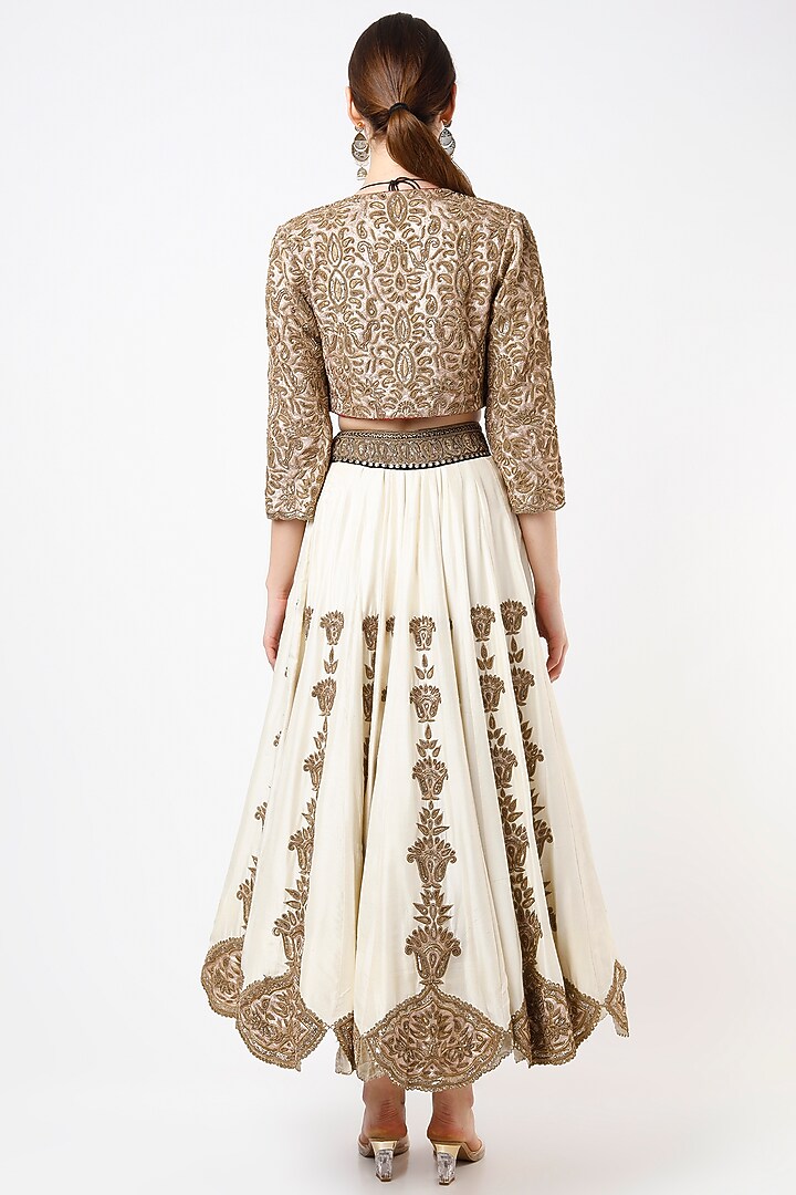 White Dupion Silk Zardosi Embroidered Jacket Bridal Lehenga Set by Anand Kabra at Pernia's Pop Up Shop