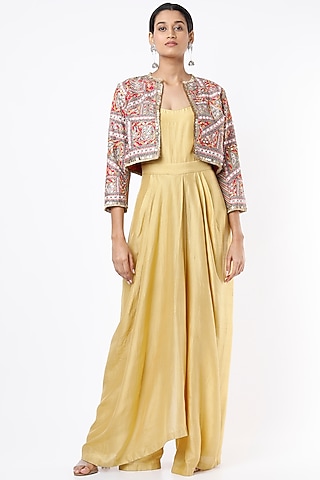 Gold Dupion Silk Thread Embroidered Jacket Dress by Anand Kabra