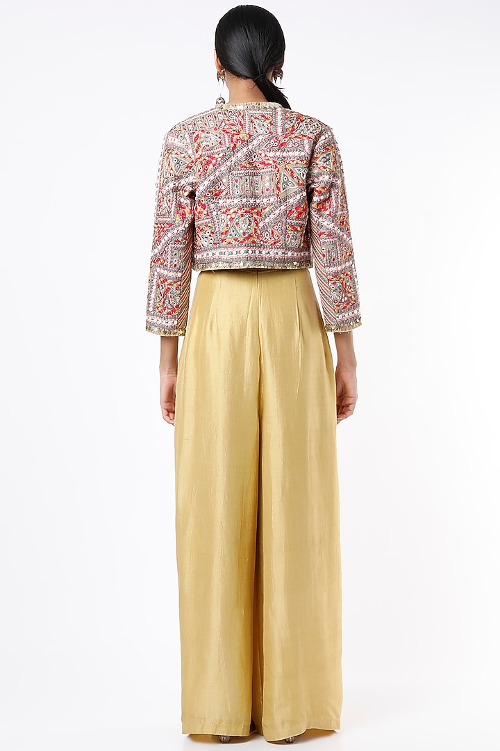 Gold Dupion Silk Thread Embroidered Jacket Party Wear Dress by Anand Kabra at Pernia's Pop Up Shop