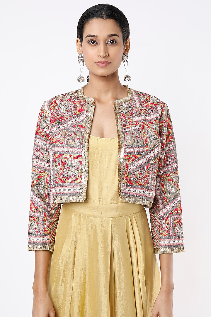 Gold Dupion Silk Thread Embroidered Jacket Party Wear Dress by Anand Kabra at Pernia's Pop Up Shop