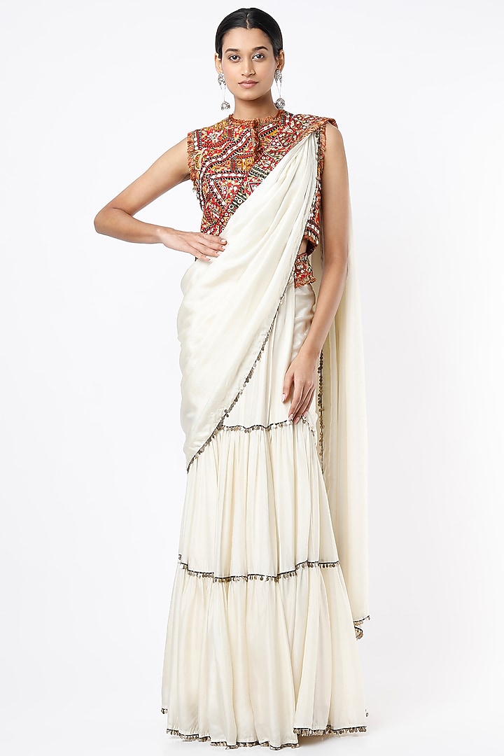 Ivory Habutai Silk Wedding Lehenga Saree Set by Anand Kabra at Pernia's Pop Up Shop