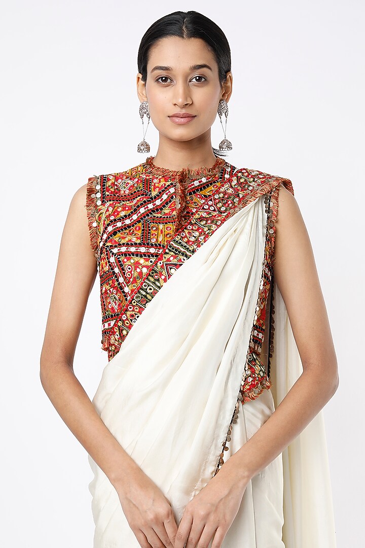 Ivory Habutai Silk Wedding Lehenga Saree Set by Anand Kabra at Pernia's Pop Up Shop