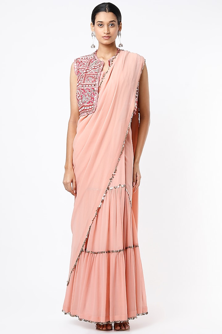 Blush Pink Georgette Lehenga Saree Set by Anand Kabra