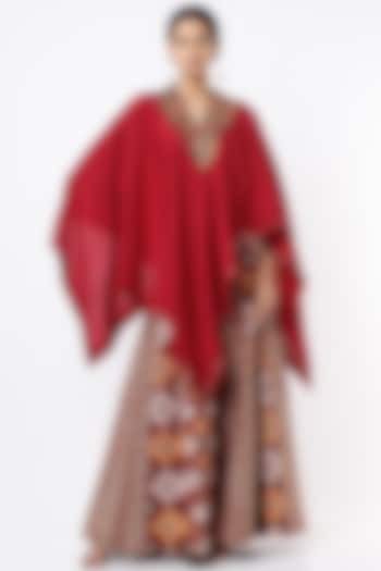 Red Wine Dupion Silk Cape Set by Anand Kabra