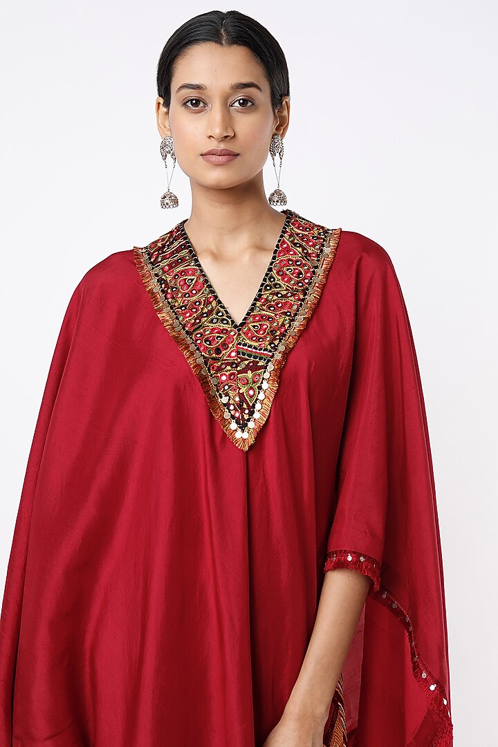 Red Wine Dupion Silk Cape Set by Anand Kabra at Pernia's Pop Up Shop