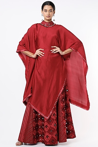 Wine Dupion Silk Cape Set by Anand Kabra