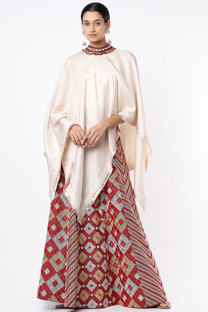 Ivory Dupion Silk Cape Set by Anand Kabra