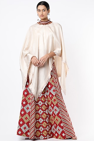 Ivory Dupion Silk Cape Set by Anand Kabra