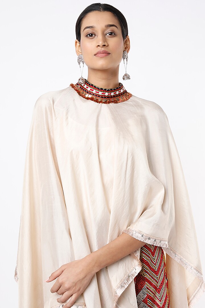 Ivory Dupion Silk Cape Set by Anand Kabra at Pernia's Pop Up Shop