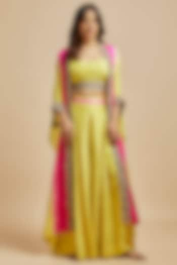 Yellow & Hot Pink Habutai Silk Zardosi Cut Embroidered Cape Set by Anand Kabra at Pernia's Pop Up Shop