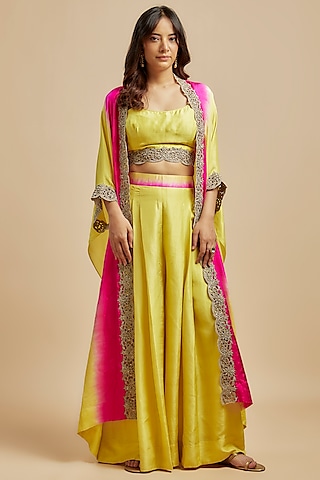 Yellow & Hot Pink Habutai Silk Zardosi Cut Embroidered Cape Set by Anand Kabra