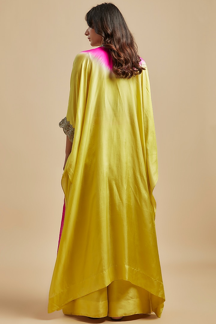 Yellow & Hot Pink Habutai Silk Zardosi Cut Embroidered Cape Set by Anand Kabra at Pernia's Pop Up Shop