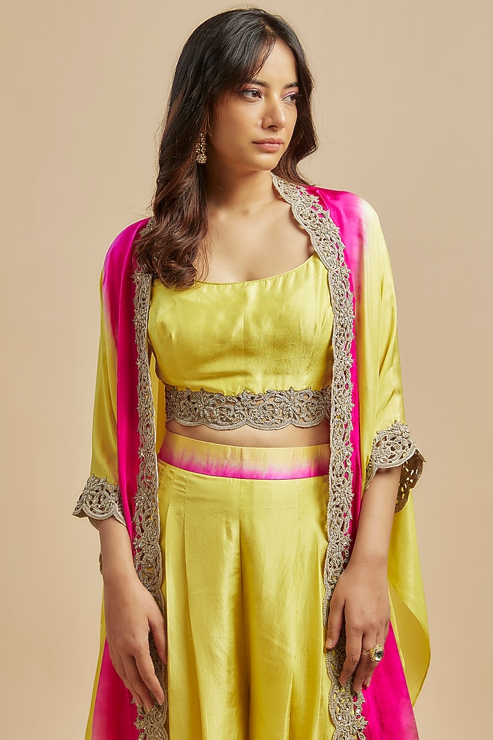 Yellow & Hot Pink Habutai Silk Zardosi Cut Embroidered Cape Set by Anand Kabra at Pernia's Pop Up Shop