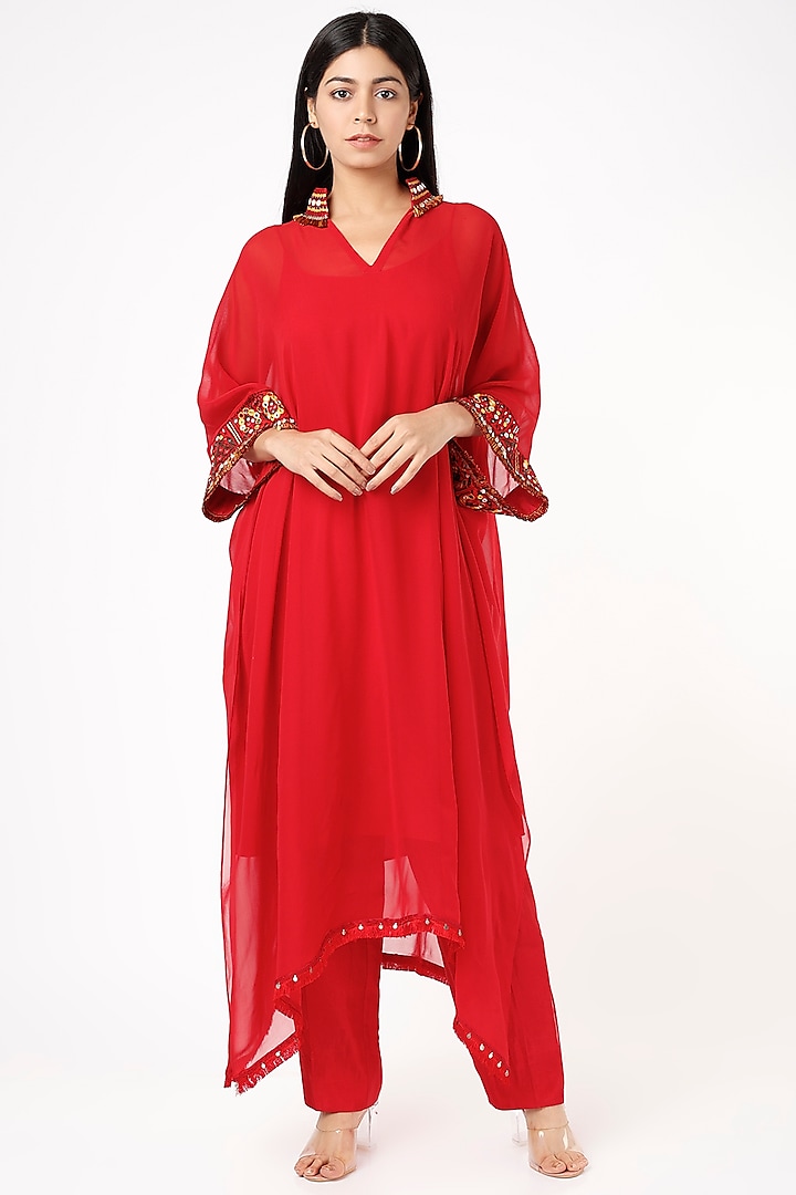Red Embroidered Cape Set by Anand Kabra