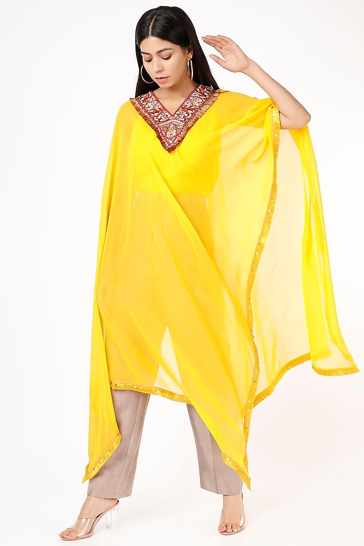 Yellow Embroidered Cape Set by Anand Kabra