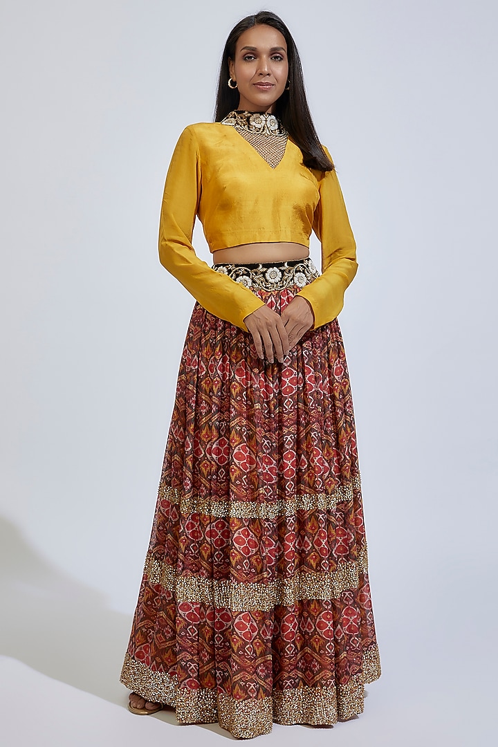 Brown Chiffon Printed Skirt Set by Anand Kabra