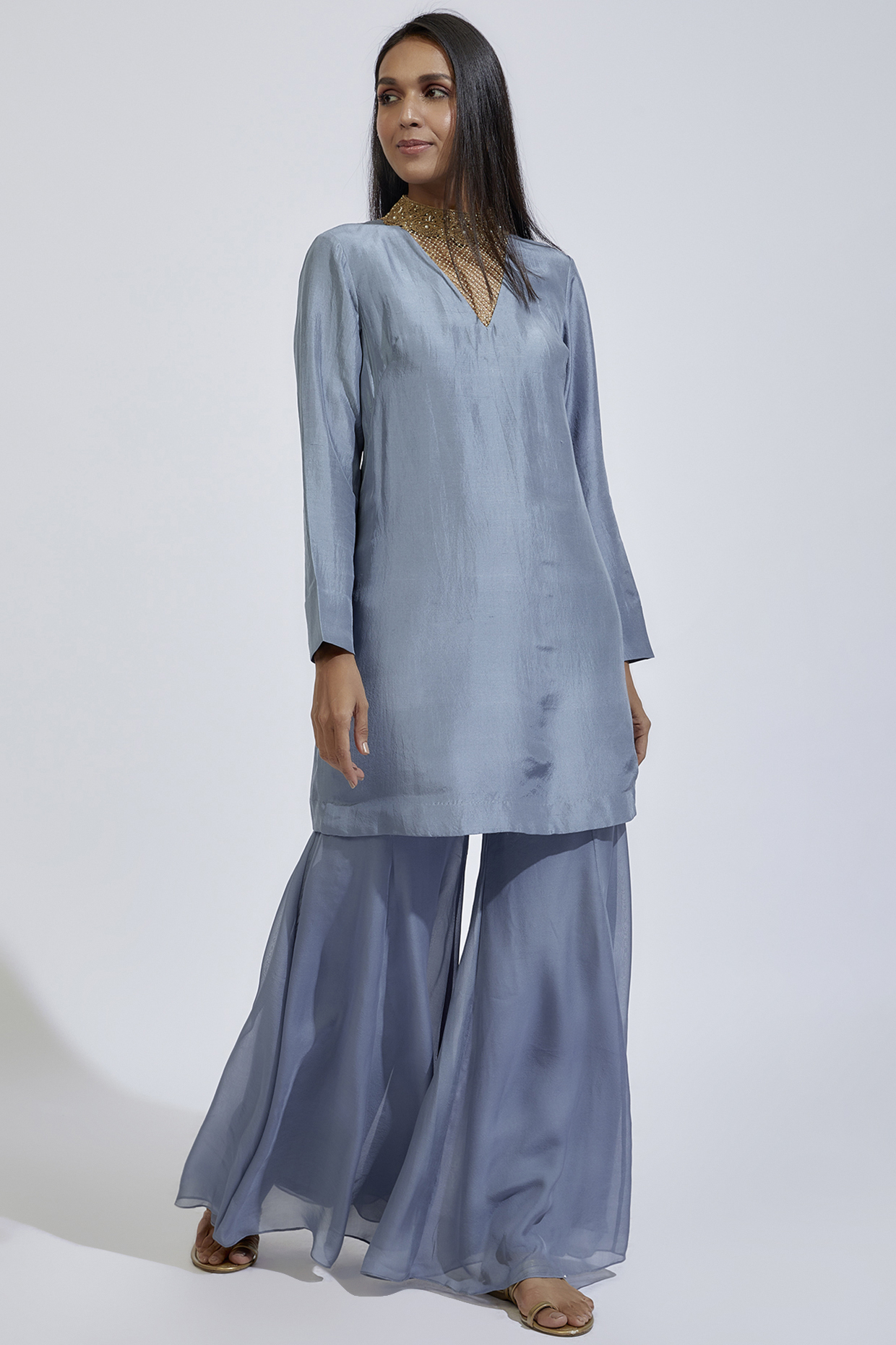 Bluish Grey Dupion Silk Kurta Set by Anand Kabra at Pernia's Pop Up Shop
