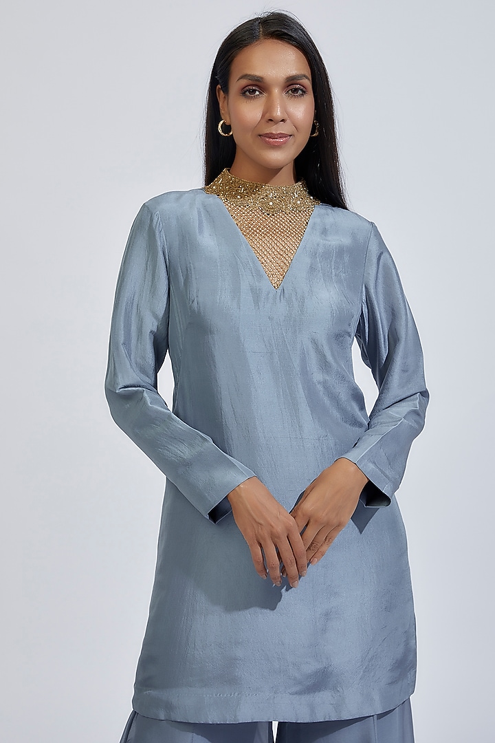 Bluish Grey Dupion Silk Kurta Set by Anand Kabra at Pernia's Pop Up Shop