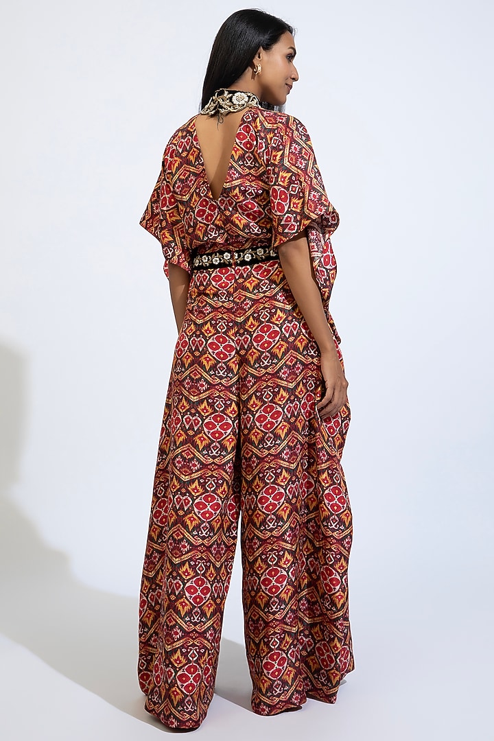 Red Print Habutai Silk Embroidered Jumpsuit by Anand Kabra at Pernia's Pop Up Shop