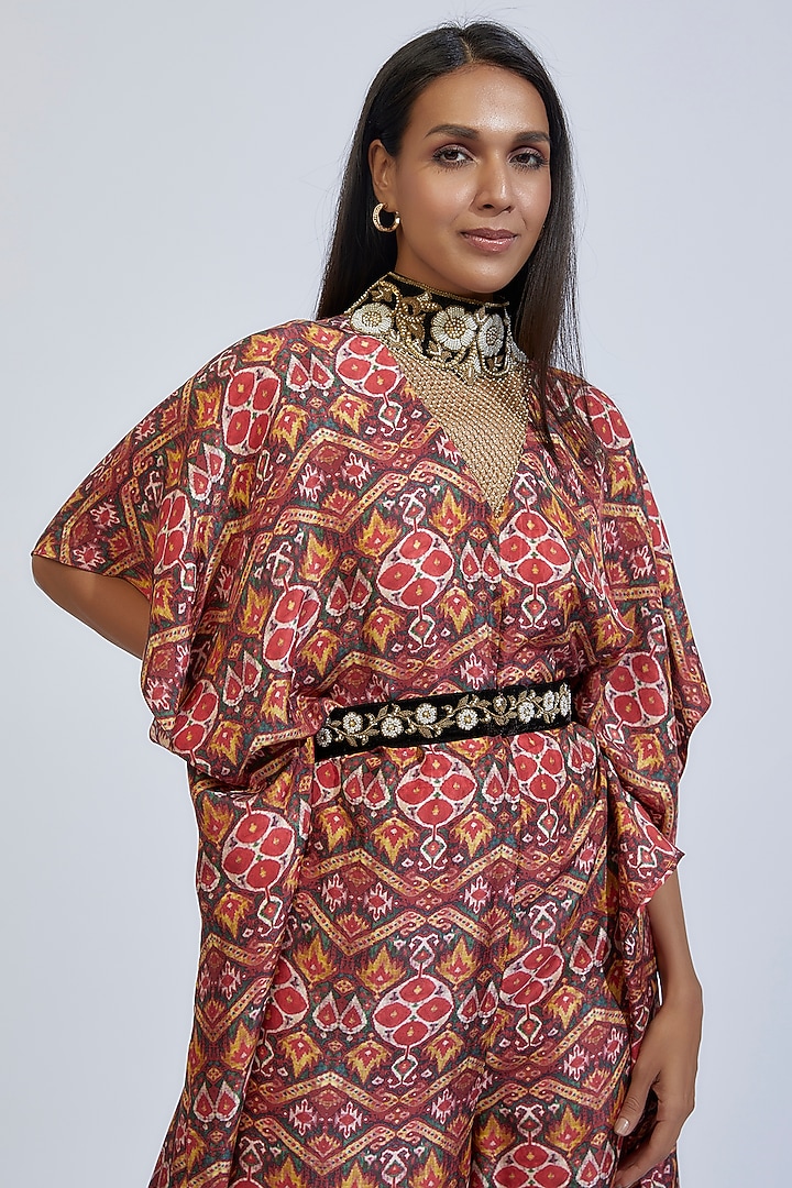 Red Print Habutai Silk Embroidered Jumpsuit by Anand Kabra at Pernia's Pop Up Shop