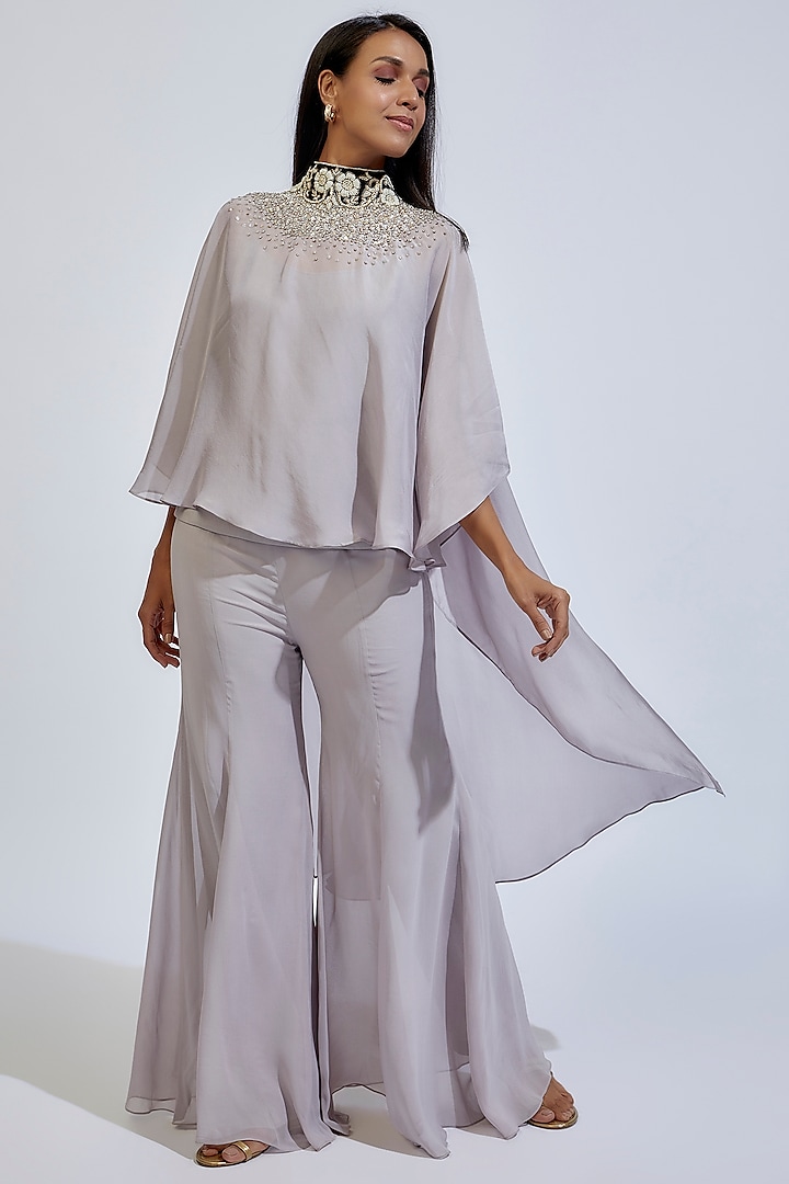 Grey Flat Chiffon Embroidered Cape Set by Anand Kabra