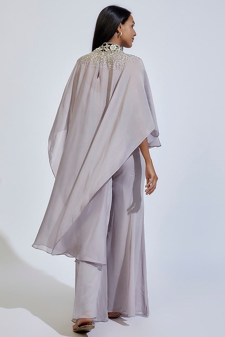 Grey Flat Chiffon Embroidered Cape Set by Anand Kabra at Pernia's Pop Up Shop