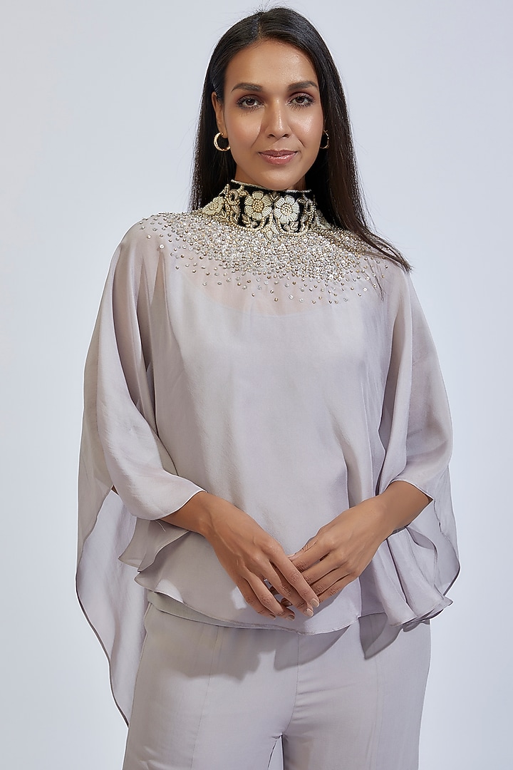 Grey Flat Chiffon Embroidered Cape Set by Anand Kabra at Pernia's Pop Up Shop