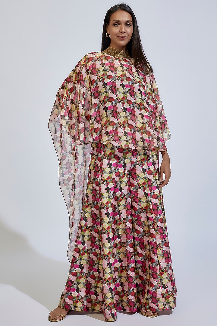 Multi-Colored Chiffon Printed Cape Set by Anand Kabra at Pernia's Pop Up Shop