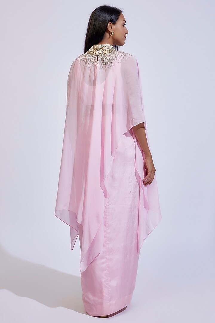 Blush Pink Flat Chiffon Embroidered Cape Set by Anand Kabra at Pernia's Pop Up Shop