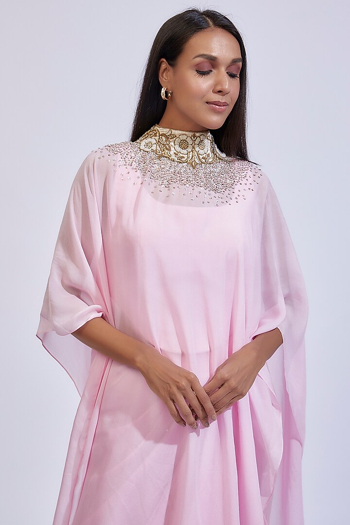 Blush Pink Flat Chiffon Embroidered Cape Set by Anand Kabra at Pernia's Pop Up Shop