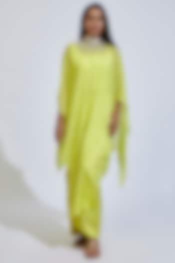Lime Green Flat Chiffon Embroidered Cape Set by Anand Kabra