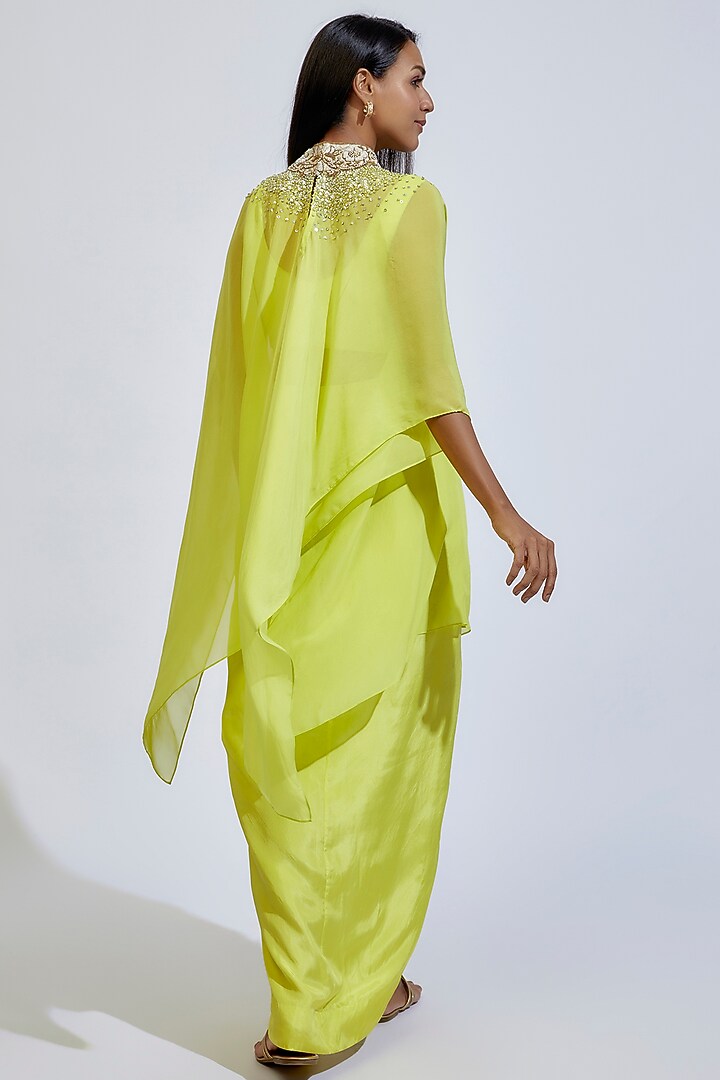 Lime Green Flat Chiffon Embroidered Cape Set by Anand Kabra at Pernia's Pop Up Shop